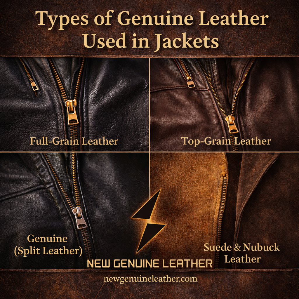 types of genuine leather used in jackets full grain top grain suede nubuck
