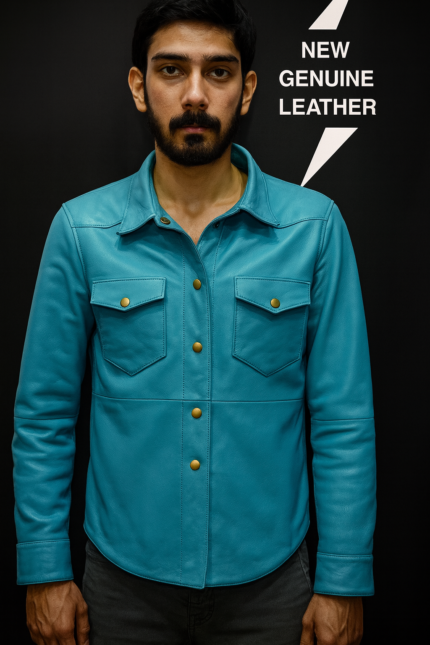Men's turquoise leather jacket genuine cowhide western style