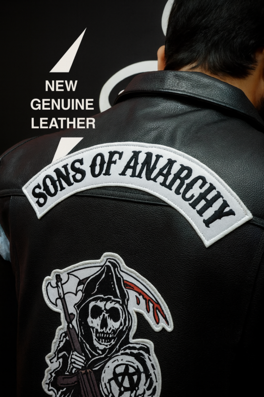 Genuine leather motorcycle vest black SAMCRO style with President First 9 Redwood Original patches biker vest