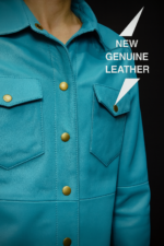 Men's turquoise blue genuine leather jacket with snap buttons and chest pockets front view