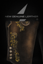 Authentic Bavarian lederhosen in dark brown goat leather with gold embroidered Alpine motifs and leather belt