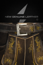 Hand-embroidered gold thread Alpine floral motifs on authentic Bavarian lederhosen genuine leather