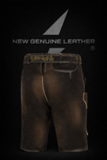 Traditional Bavarian lederhosen side view showing ornamental leather lacing and metal eyelet details