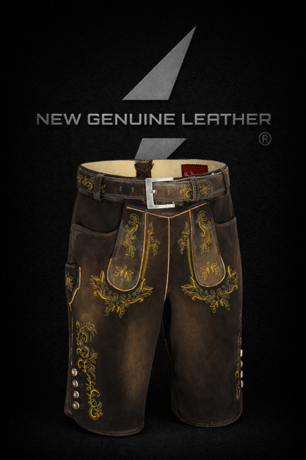 Hand-embroidered gold thread Alpine floral motifs on authentic Bavarian lederhosen genuine leather