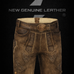 Authentic Bavarian short lederhosen in goat leather with gold embroidered Alpine motifs and ornate crest belt buckle