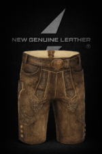 Authentic Bavarian short lederhosen in goat leather with gold embroidered Alpine motifs and ornate crest belt buckle