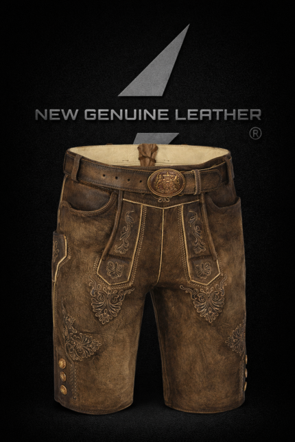 Authentic Bavarian short lederhosen in goat leather with gold embroidered Alpine motifs and ornate crest belt buckle
