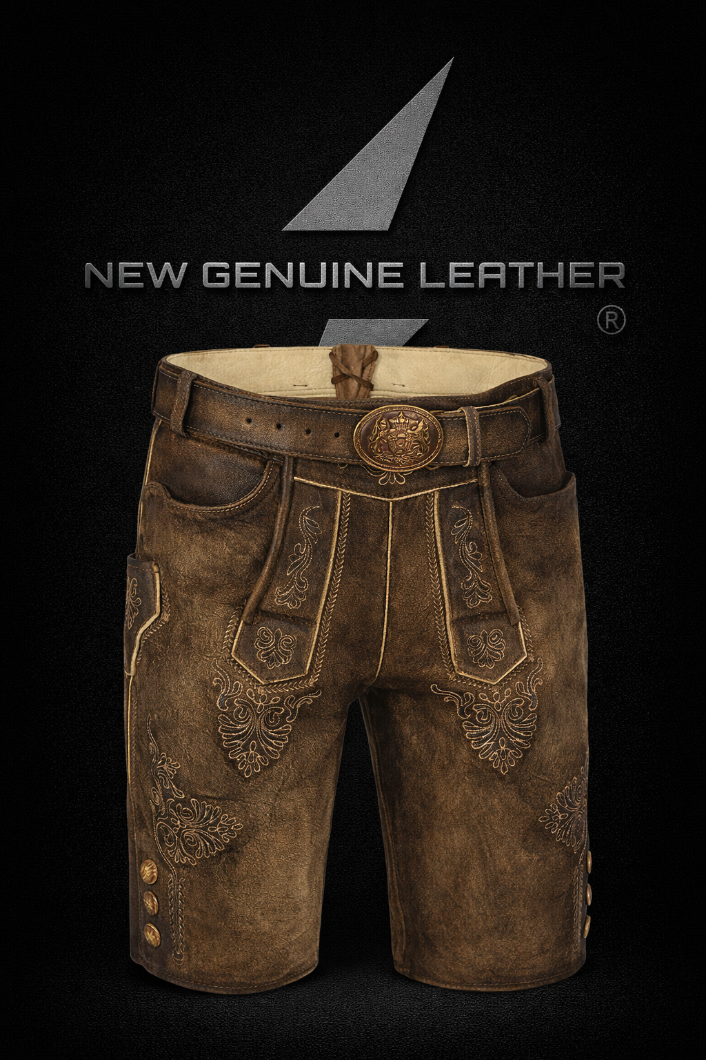 Traditional H-Strap Configuration & Expert Tailoring Authentic Bavarian short lederhosen in goat leather with gold embroidered Alpine motifs and ornate crest belt buckle