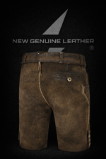 Traditional Bavarian short lederhosen side view showing decorative buttons and embroidered leg panels