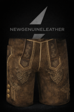 Hand-embroidered gold thread Alpine motifs and ornate Bavarian crest belt buckle on authentic short lederhosen