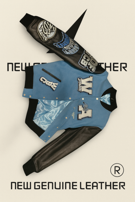 Men's blue varsity letterman jacket with genuine black leather sleeves and chenille letter patches front view