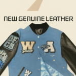 Close-up of genuine black leather sleeve with DFGB varsity patch detail