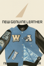 Close-up of genuine black leather sleeve with DFGB varsity patch detail