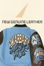 Side slash pocket with black leather trim on blue varsity letterman jacket