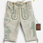 Genuine leather lederhosen shorts beige suede with green embroidery traditional Bavarian knee length with suspenders
