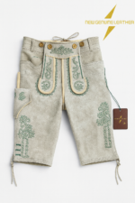 Genuine leather lederhosen shorts beige suede with green embroidery traditional Bavarian knee length with suspenders