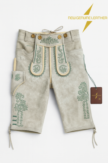Genuine leather lederhosen shorts beige suede with green embroidery traditional Bavarian knee length with suspenders