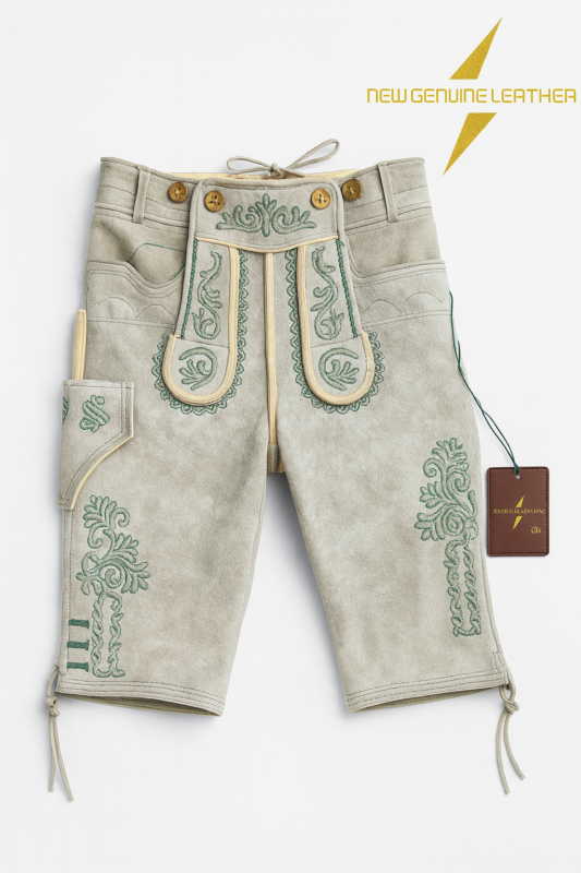 Genuine leather lederhosen shorts beige suede with green embroidery traditional Bavarian knee length with suspenders