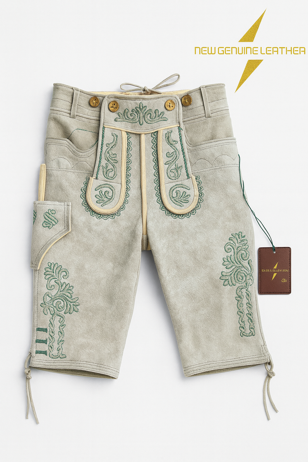 genuine-leather-lederhosen-beige-green-embroidery-bavarian.jpg Genuine leather lederhosen shorts beige suede with green embroidery traditional Bavarian knee length with suspenders
