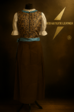 Traditional Bavarian genuine leather dirndl featuring embossed floral pattern bodice and teal accent trim