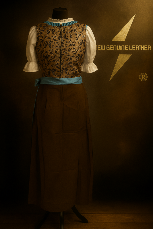 Traditional Bavarian genuine leather dirndl featuring embossed floral pattern bodice and teal accent trim