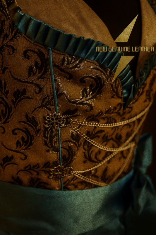 Genuine leather dirndl with brown embossed baroque pattern bodice, cream bell-sleeve blouse, teal satin trim, and chocolate brown pleated skirt
