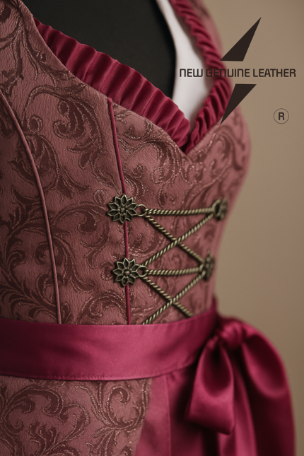 Authentic Bavarian pink Dirndl dress with lace-up bodice, white blouse, and satin apron for Oktoberfest by New Genuine Leather