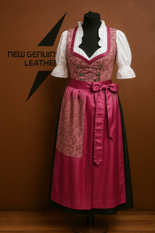 Traditional pink Dirndl dress for women with satin apron and lace-up bodice – Bavarian Oktoberfest outfit by New Genuine Leather