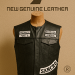 Black genuine leather motorcycle vest front view with President First 9 patches and chest pockets