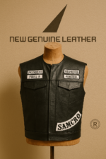 Black genuine leather motorcycle vest front view with President First 9 patches and chest pockets