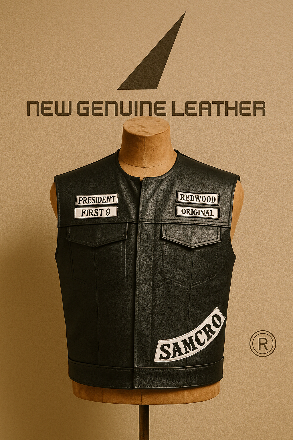 motorcycle-vest-genuine-leather-front-detail.jpg Black genuine leather motorcycle vest front view with President First 9 patches and chest pockets