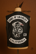 SAMCRO patch detail on genuine leather motorcycle vest white lettering black leather
