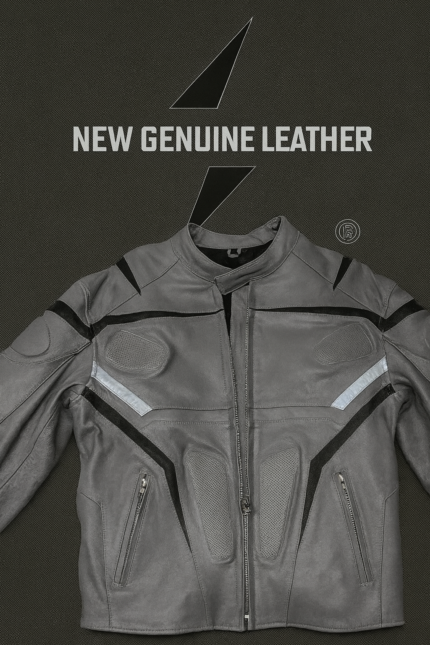 Genuine leather motorcycle racing jacket grey with black stripes CE armor protection ventilation mesh panels reflective strips sport bike