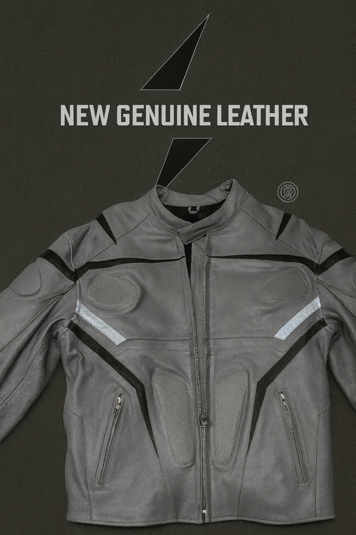 Genuine Leather Motorcycle Racing Jacket - Grey with Protective