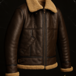 Genuine leather shearling bomber jacket brown aviator flight jacket with tan shearling collar and lining full front view