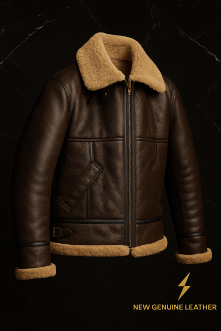 Genuine leather shearling bomber jacket brown aviator flight jacket with tan shearling collar and lining full front view