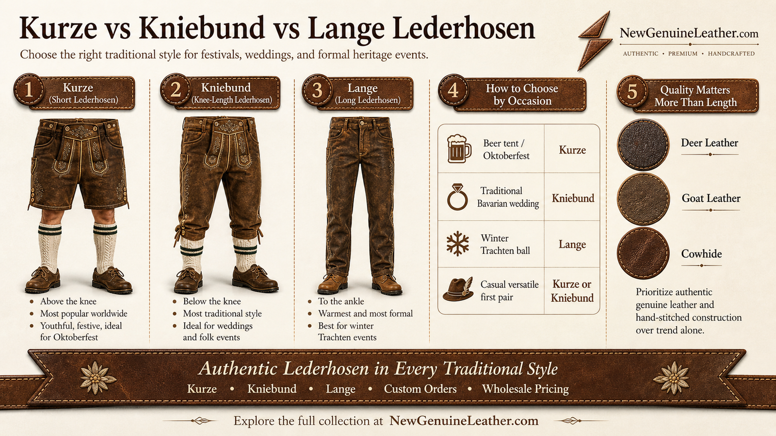 Comparison of kurze, kniebund, and lange lederhosen styles for Oktoberfest, weddings, and formal Trachten events