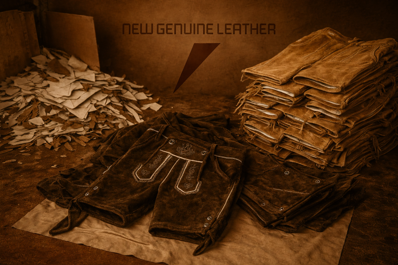 Rustic leather workshop scene featuring handcrafted suede leather shorts and stacked finished garments by New Genuine Leather, with fabric cuttings, warm brown tones, and branded logo in the background.