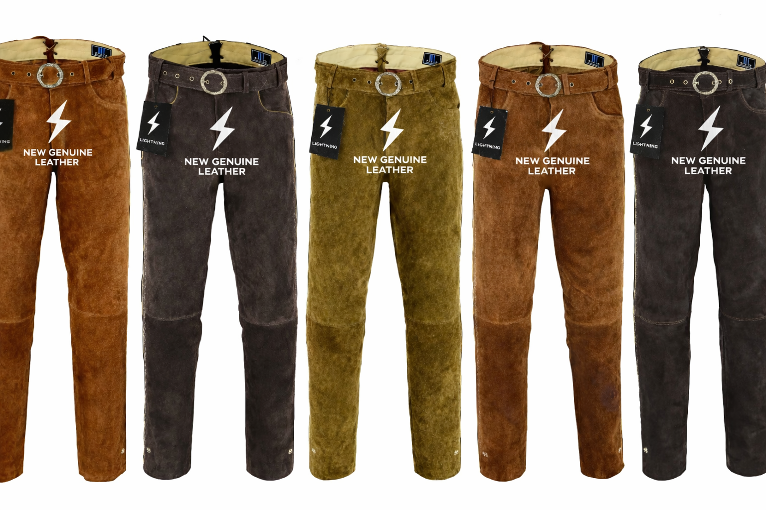 Premium suede leather pants collection by New Genuine Leather featuring five stylish pairs in tan, dark brown, olive green, chestnut brown, and black shades with matching belts and silver buckles on a clean white background.