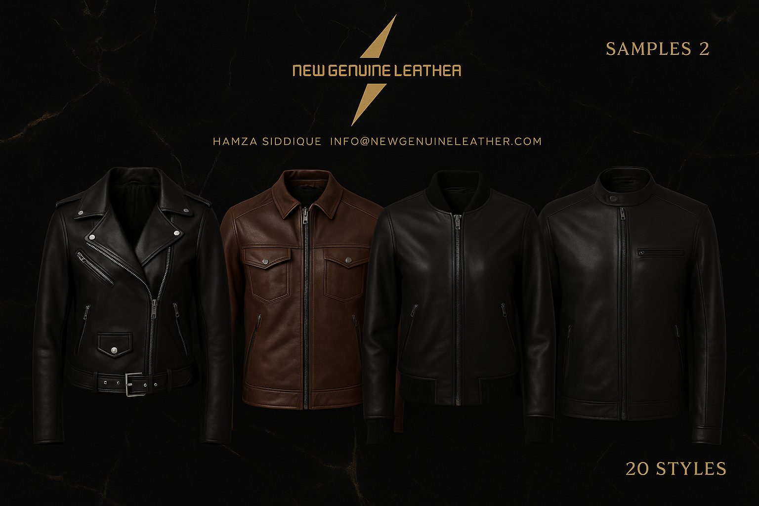 Premium leather jackets collection by New Genuine Leather featuring black and brown genuine leather biker and classic jackets for men and women on luxury black background.