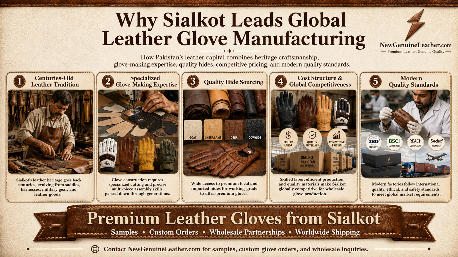 Sialkot leather glove manufacturer showing leather tradition, glove making expertise, quality hides, wholesale pricing, and quality standards