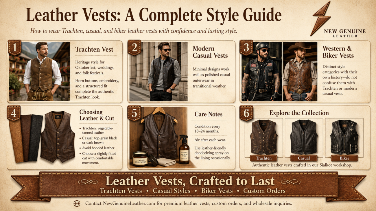 Leather vests style guide showing Trachten, casual, biker, and western leather vest styles