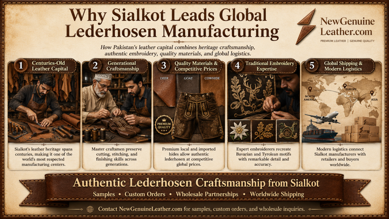 Sialkot lederhosen manufacturer showing leather craftsmanship, embroidery, quality materials, and global shipping