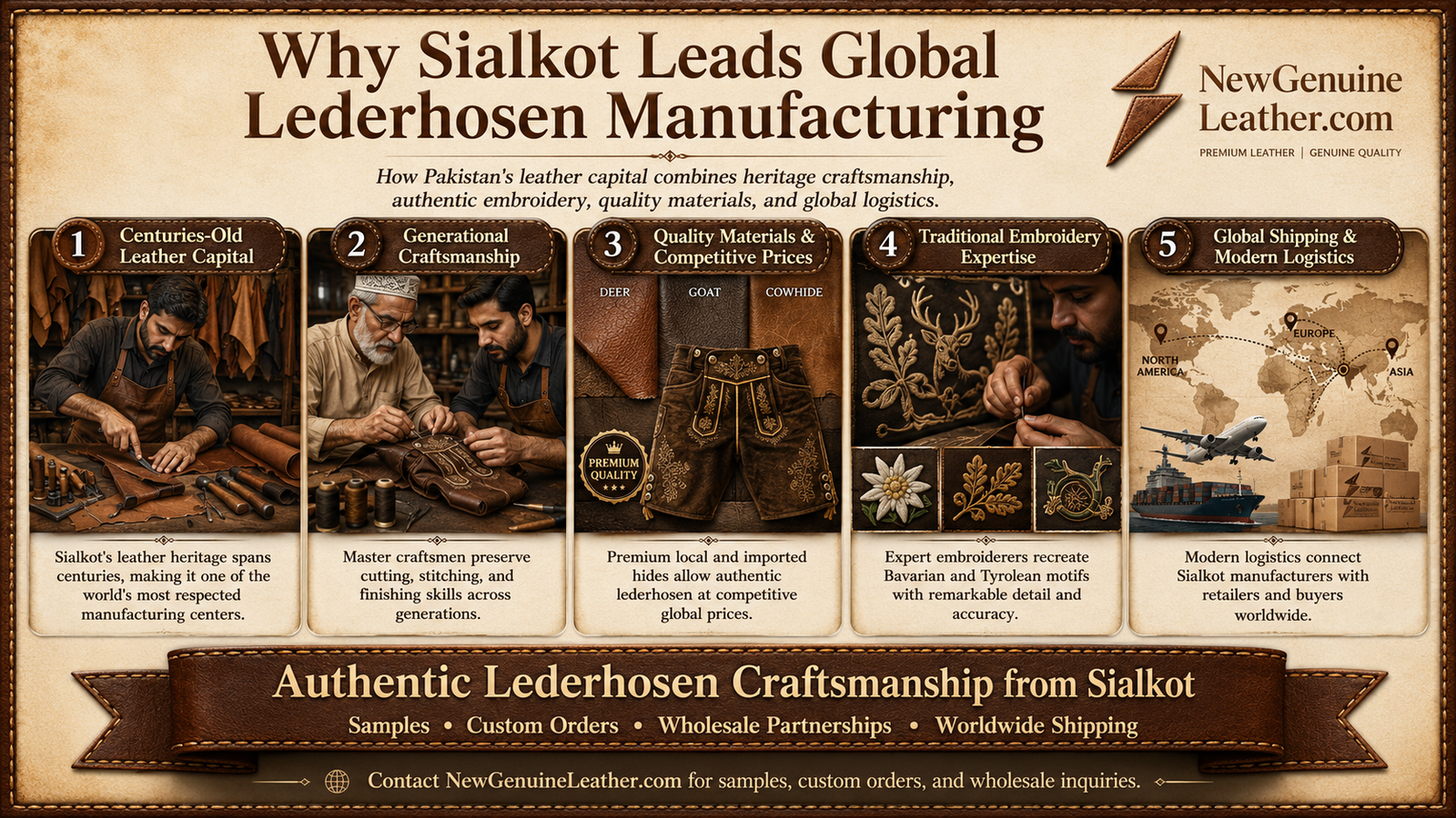 Sialkot lederhosen manufacturer showing leather craftsmanship, embroidery, quality materials, and global shipping