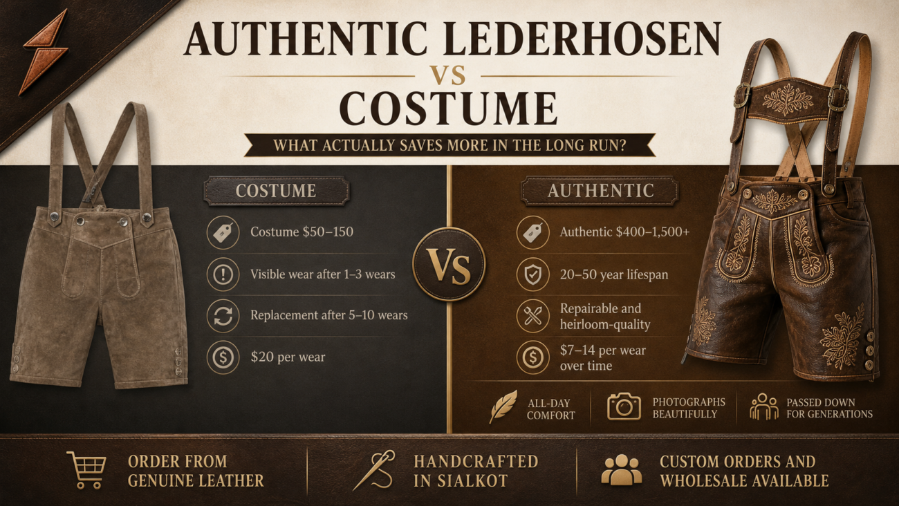 Authentic lederhosen vs costume lederhosen comparison showing price, lifespan, comfort, and cost per wear