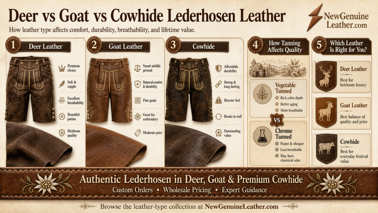 Best leather for lederhosen comparison showing deer leather, goat leather, and cowhide quality differences