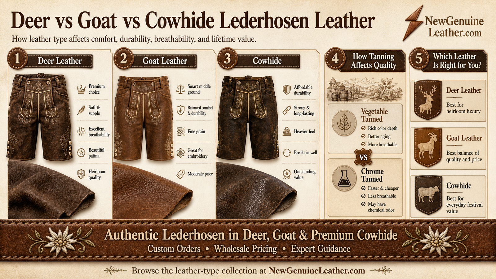 Best leather for lederhosen comparison showing deer leather, goat leather, and cowhide quality differences