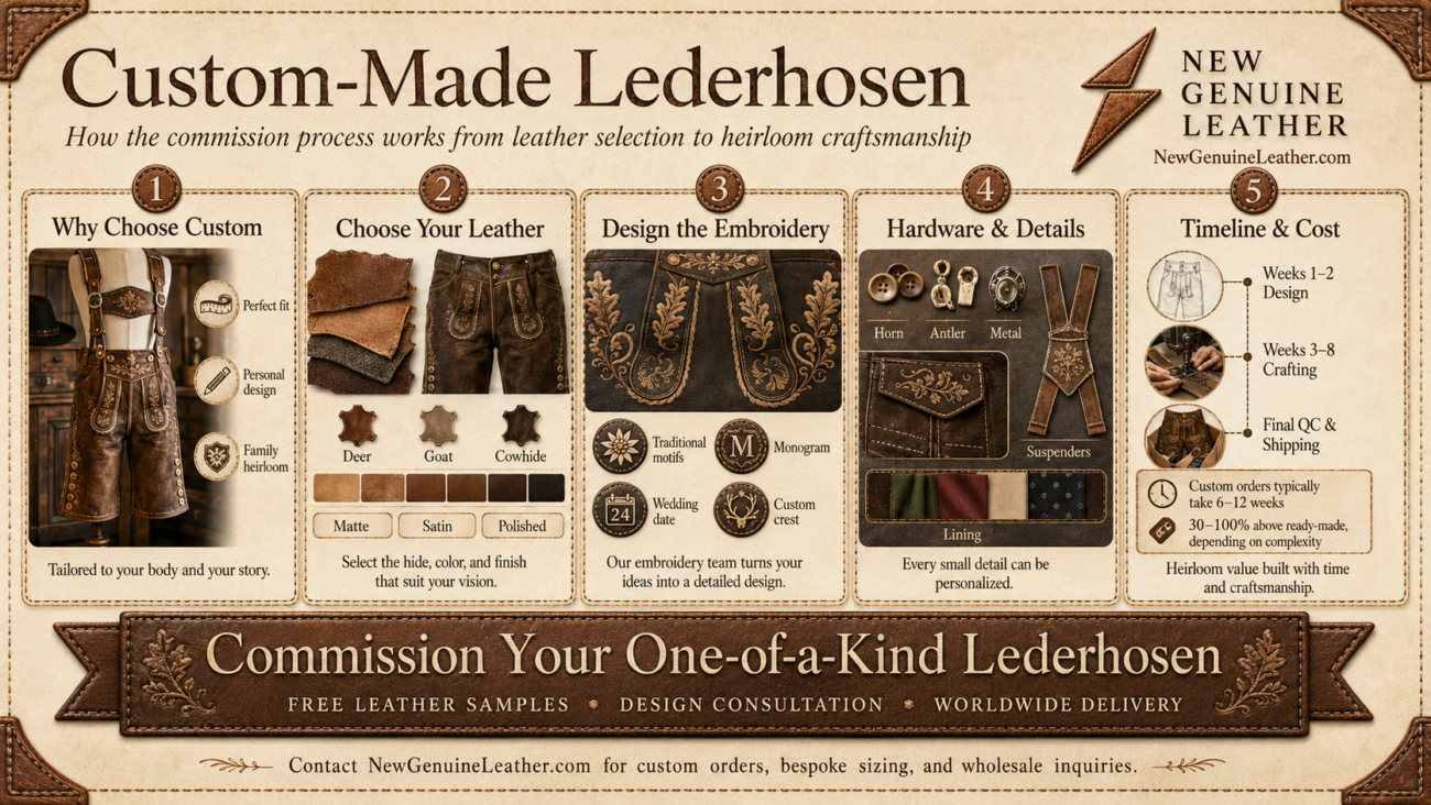 Custom lederhosen commission process showing leather selection, embroidery design, hardware details, timeline, and cost