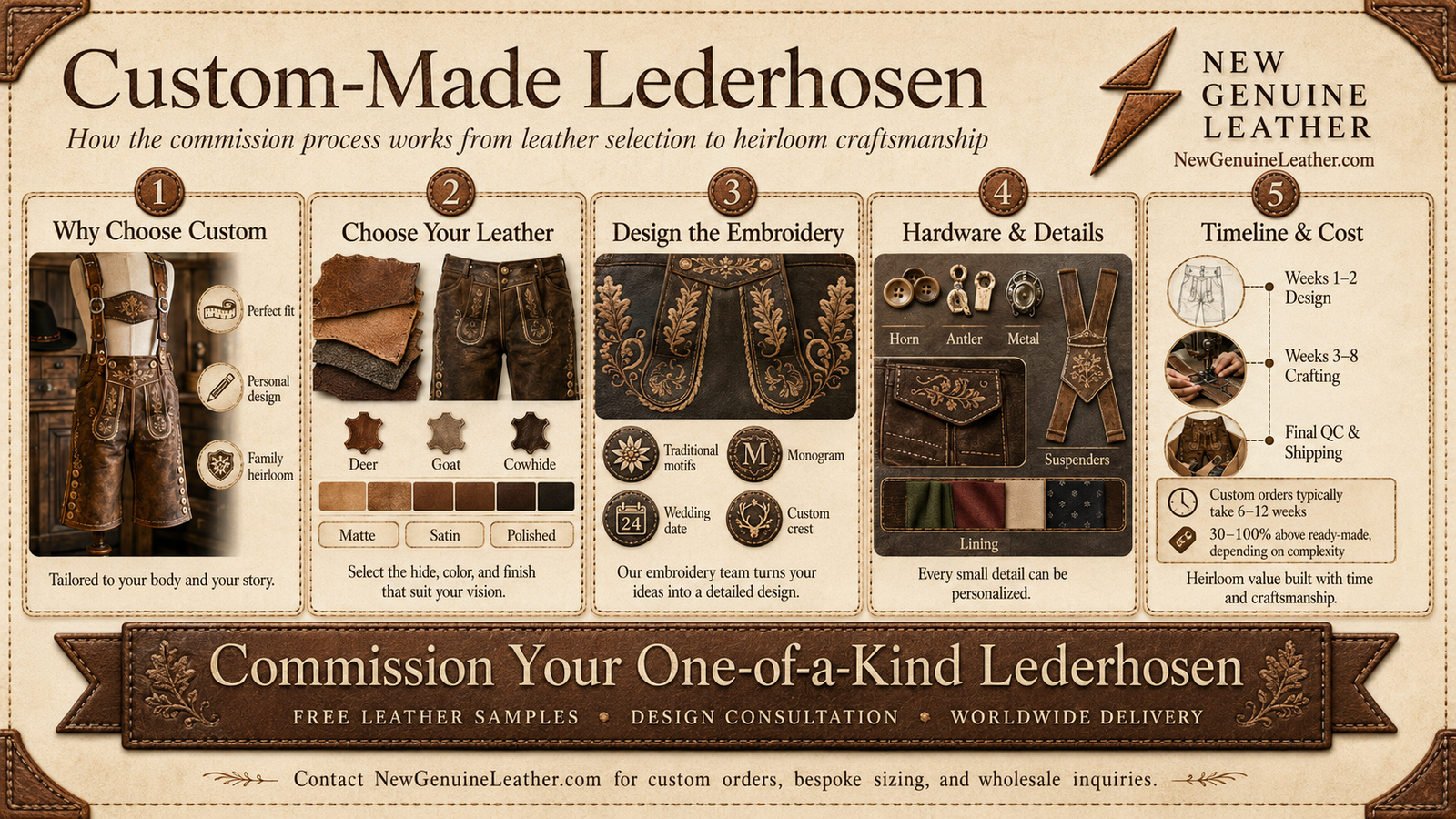 Custom lederhosen commission process showing leather selection, embroidery design, hardware details, timeline, and cost