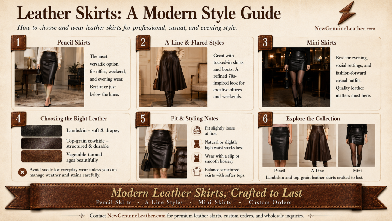 Leather skirts style guide showing pencil skirts, A-line leather skirts, mini skirts, fit tips, and leather choices